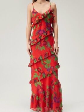 Nasty Gal Red Floral Ruffle Maxi Dress